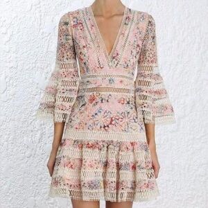 Zimmermann Lovelorn Floral Lace V-Neck Flutter Mini Dress. Size AU 1 / US 4